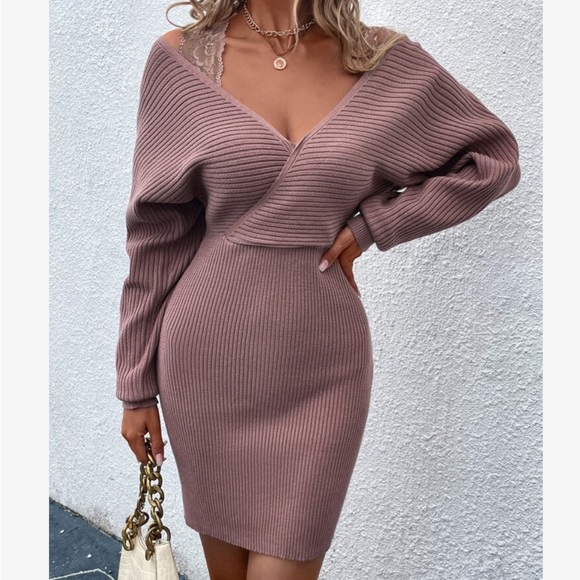 Elegant Contrast Lace Cold Off the Shoulder Dolman Sleeve Ribbed Sweater Dress - Picture 3 of 6